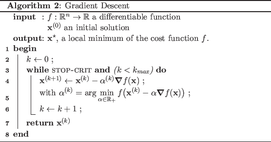 \begin{algorithm}
% latex2html id marker 1607
\SetKwInOut{Input}{input}
\SetK...
...
\Return{$\mathbf{x}^{(k)}$}
}
\caption{Gradient Descent}
\end{algorithm}