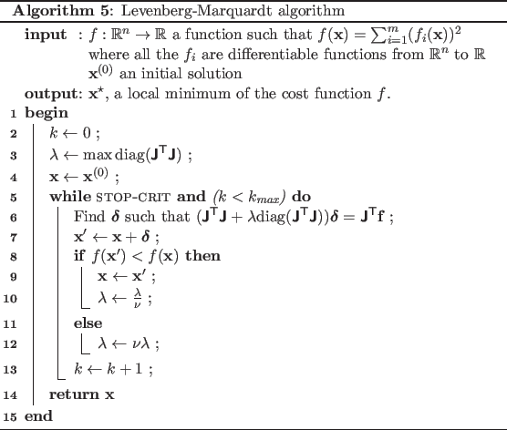 \begin{algorithm}
% latex2html id marker 2052
\SetKwInOut{Input}{input}
\SetK...
...urn{$\mathbf{x}$}
}
\caption{Levenberg-Marquardt algorithm}
\end{algorithm}