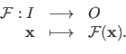 \begin{displaymath}\begin{array}{rcl}
 \mathcal {F} : I & \longrightarrow & O \\...
...athbf{x} & \longmapsto & \mathcal {F}(\mathbf{x}).
 \end{array}\end{displaymath}